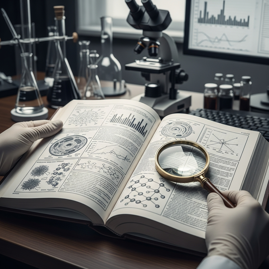 Research methodology — scientific text with magnifying glass