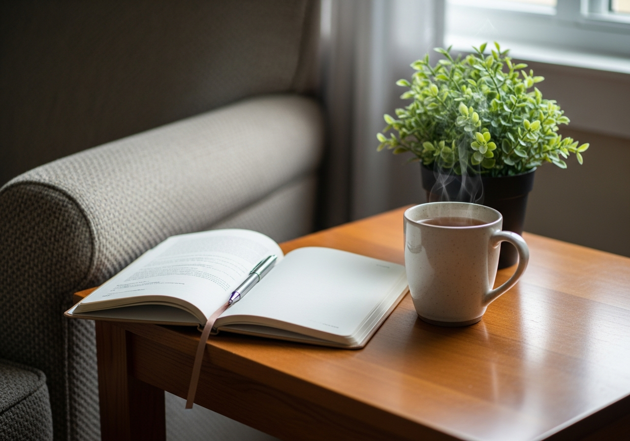 A peaceful reading nook with an open journal and herbal tea by window light