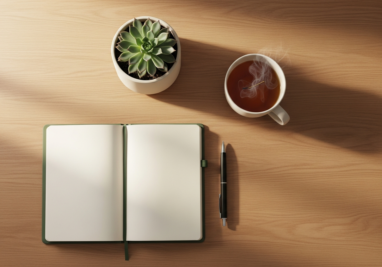 Clean desk with notebook, pen, and herbal tea for personal goal-setting