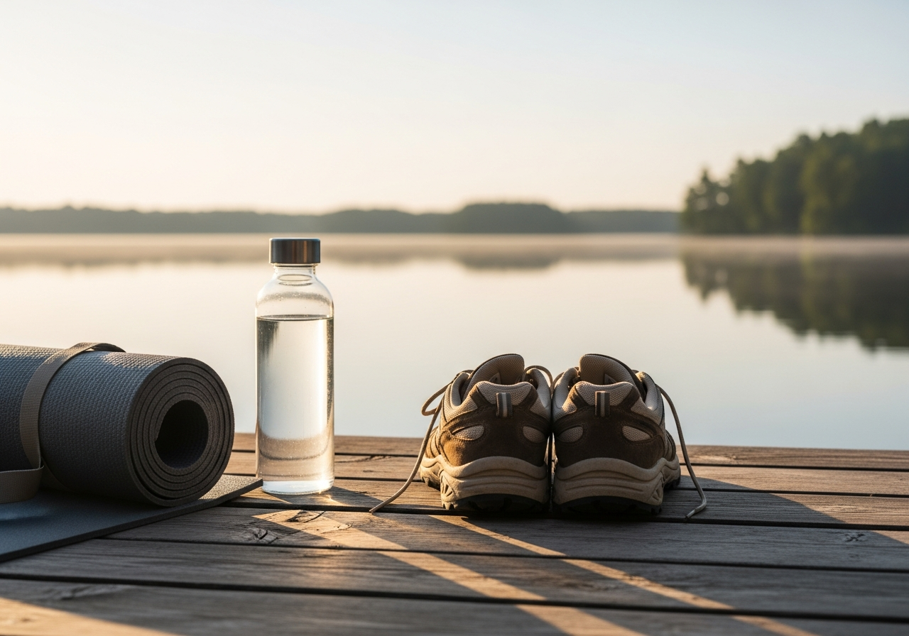 Walking shoes on a wooden deck overlooking a calm lake at sunrise