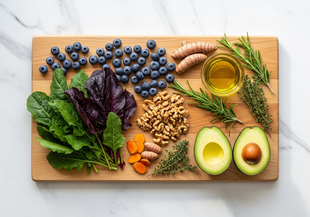 Fresh whole foods arranged on a cutting board — leafy greens, blueberries, walnuts, and olive oil
